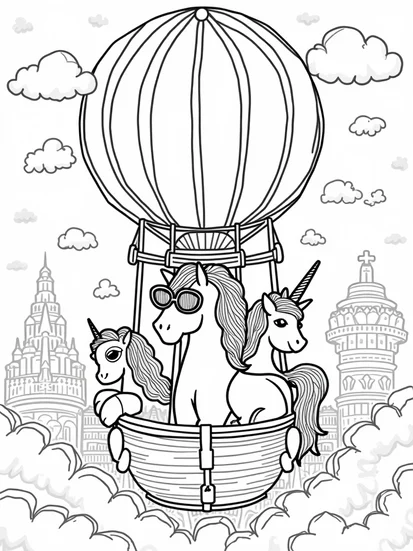 A coloring page of Unicorn in a hot air balloon