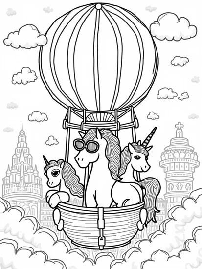 A coloring page of Unicorn in a hot air balloon