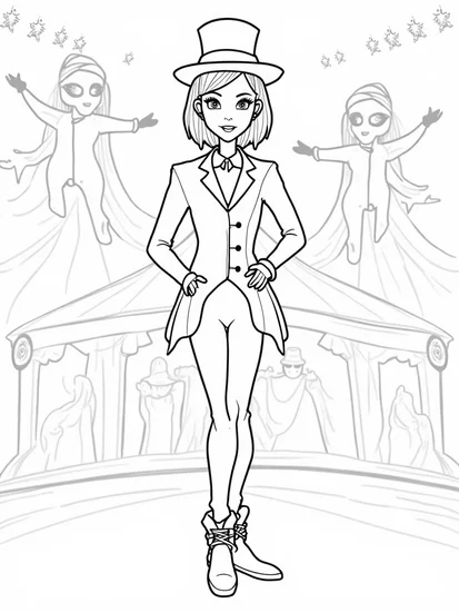 A coloring page of Wednesday Addams at the circus