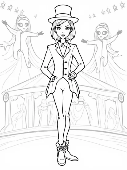 A coloring page of Wednesday Addams at the circus