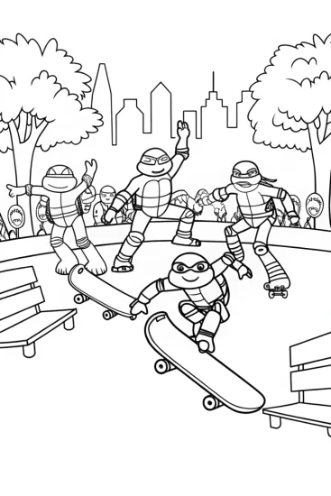 A coloring page of Teenage Mutant Ninja Turtles skateboarding