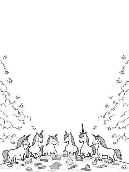 A coloring page of Unicorns crafting musical instruments