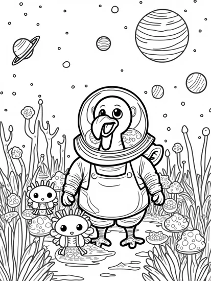 A coloring page of Turkey in a cosmic garden