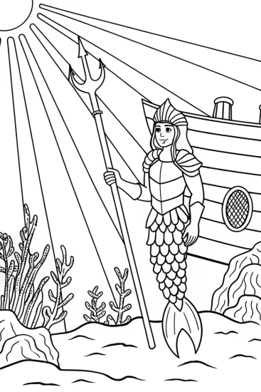 A coloring page of Mermaid guardian of the shipwreck