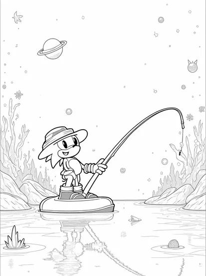 A coloring page of Super Sonic fishing in space