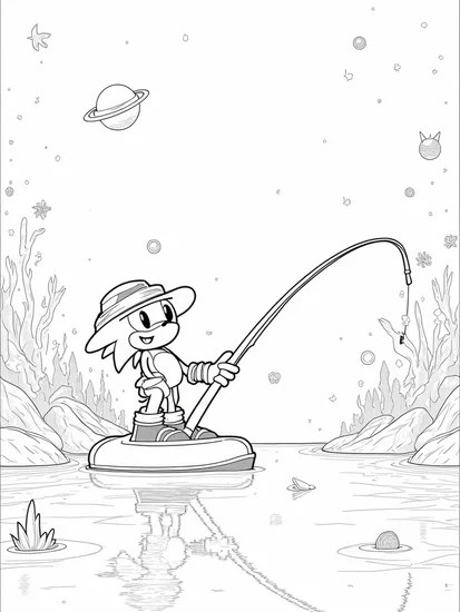 A coloring page of Super Sonic fishing in space