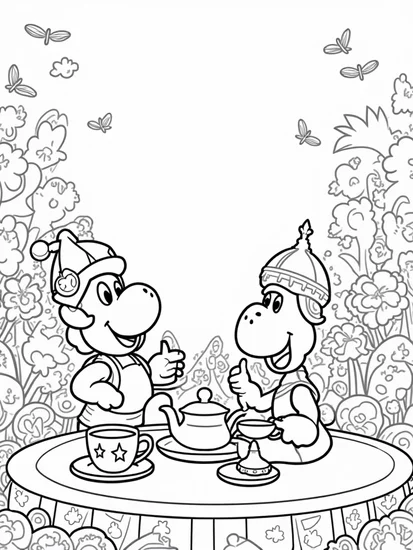 A coloring page of Yoshi’s tea party with friends