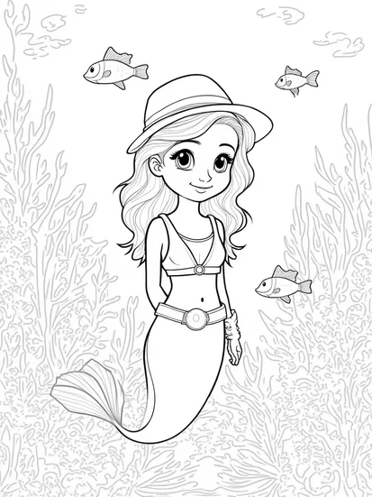 A coloring page of Little mermaid in an underwater garden