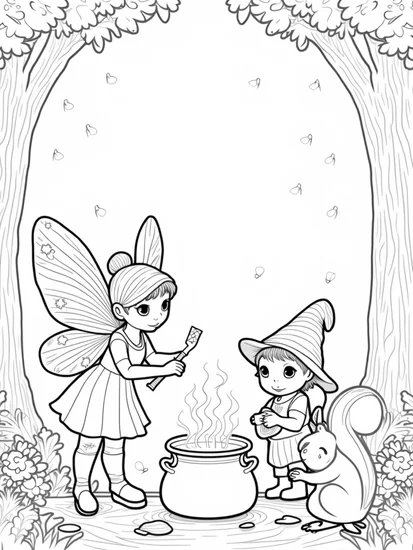 A coloring page of Fairy and gnome love potion contest