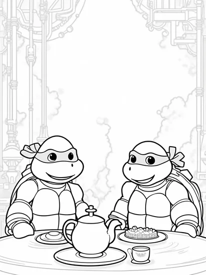 A coloring page of Ninja Turtles tea party