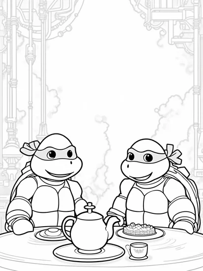 A coloring page of Ninja Turtles tea party