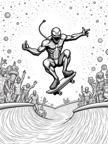 A coloring page of Venom skateboarding in space
