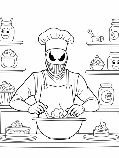 A coloring page of Venom baking colorful pastries