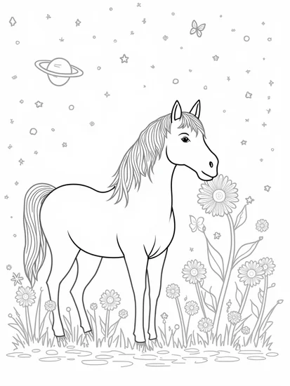 A coloring page of Unicorn exploring a cosmic garden