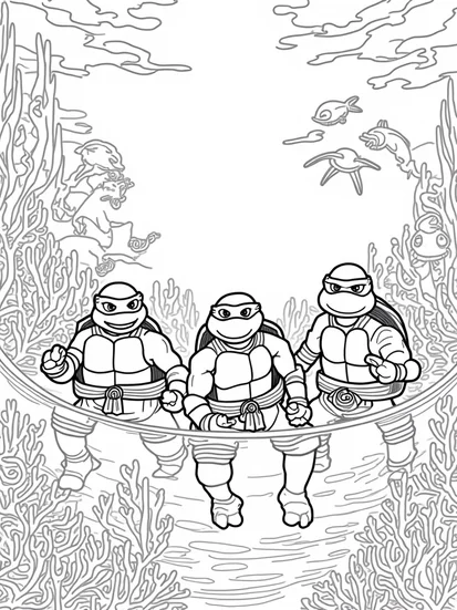 A coloring page of Teenage Mutant Ninja Turtles underwater