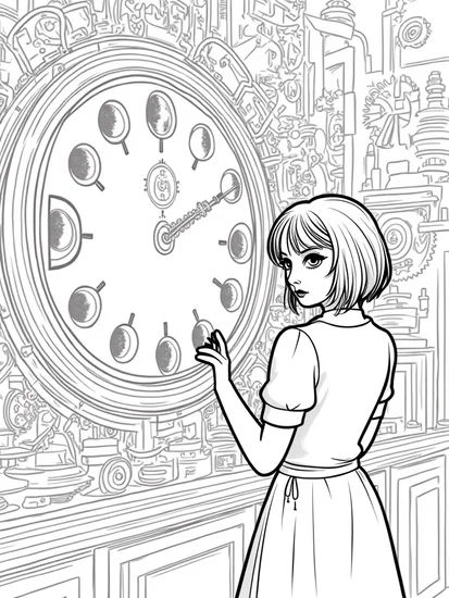 A coloring page of Wednesday Addams explores a clock