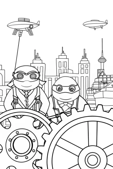 A coloring page of Ninja Turtles in a steampunk city