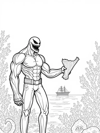 A coloring page of Venom underwater treasure hunt