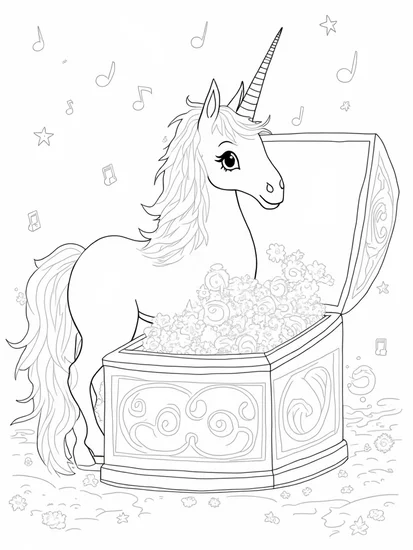A coloring page of Unicorn exploring a music box