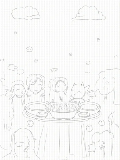 A coloring page of Thanksgiving in the sky garden