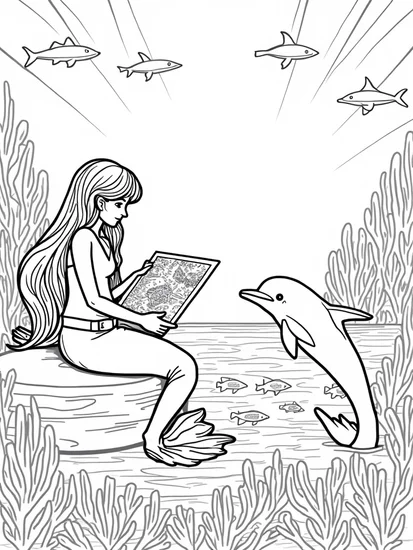 A coloring page of Mermaid cartographer mapping wonders