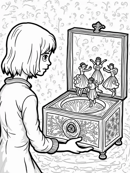 A coloring page of Wednesday Addams in a music box