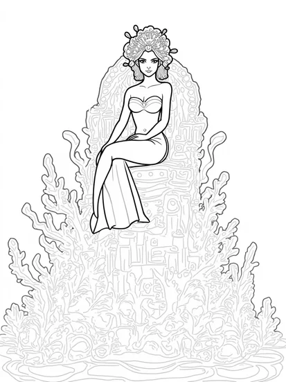 A coloring page of Mermaid guardian of the coral city