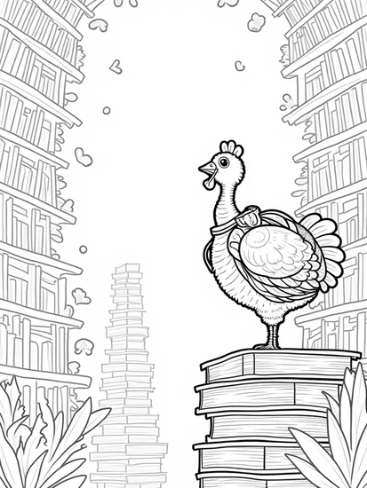 A coloring page of Turkey exploring a fantasy library
