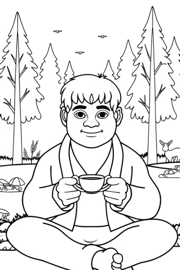 A coloring page of Hulk enjoying tea in the forest
