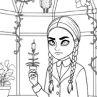 Wednesday Addams in a greenhouse