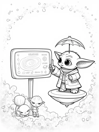 A coloring page of Baby Yoda’s cosmic weather station