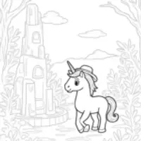 Unicorn exploring ancient ruins