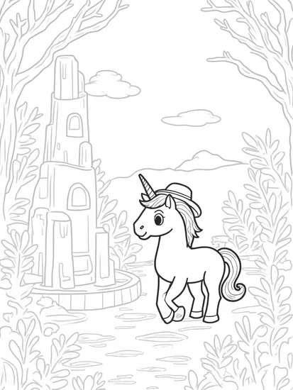 A coloring page of Unicorn exploring ancient ruins
