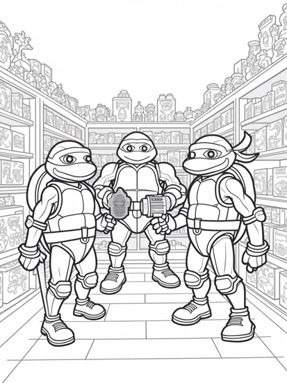 A coloring page of TMNT undercover agents in a toy store