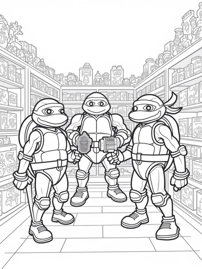 A coloring page of TMNT undercover agents in a toy store