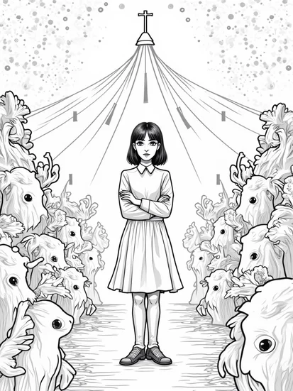 A coloring page of Wednesday Addams in a shadowy circus