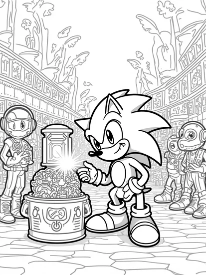 A coloring page of Super Sonic’s time capsule discovery