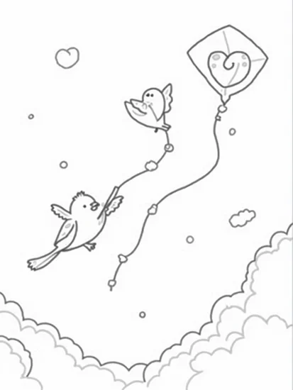 A coloring page of Lovebirds flying heart kites