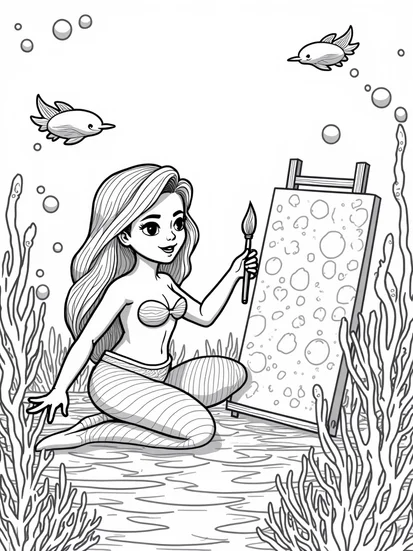 A coloring page of Little mermaid painting underwater