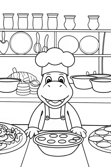 A coloring page of Yoshi cooking in a giant kitchen