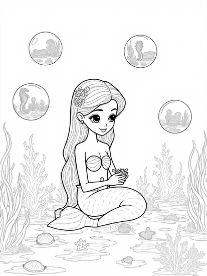 A coloring page of Mermaid sculpting in a bubble workshop