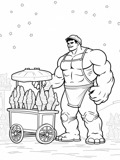 A coloring page of Hulk as a cosmic ice cream vendor