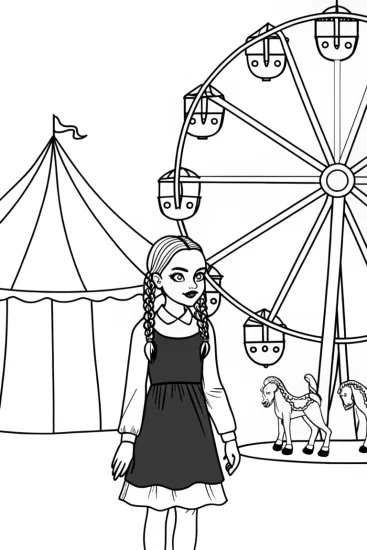 A coloring page of Wednesday Addams at the quirky fair