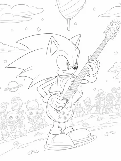 A coloring page of Super Sonic playing a space guitar