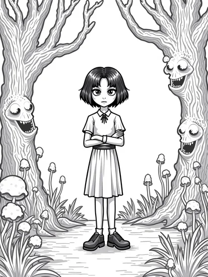 A coloring page of Wednesday Addams in a magical forest