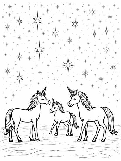 A coloring page of Unicorns creating constellations