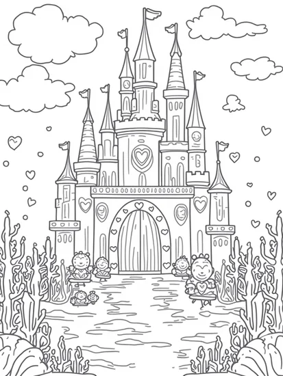 A coloring page of Underwater castle heart celebration