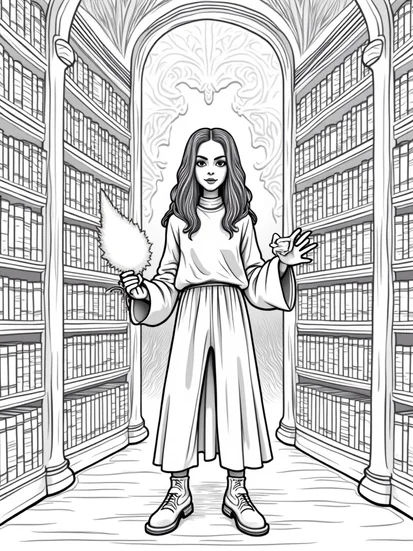 A coloring page of Wednesday Addams in a library