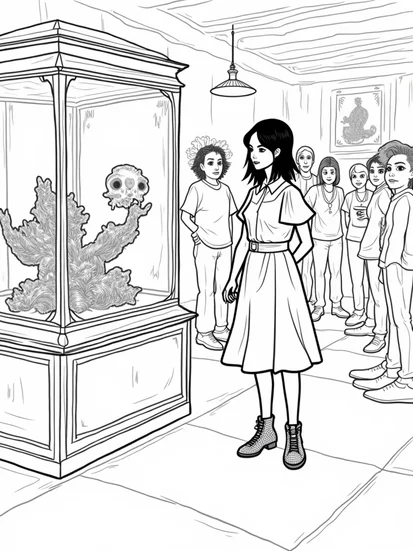 A coloring page of Wednesday exploring a museum