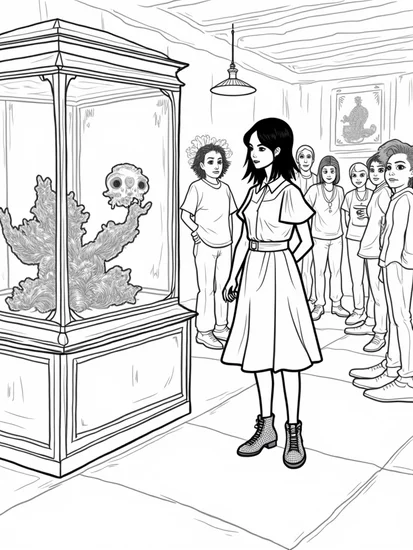 A coloring page of Wednesday exploring a museum